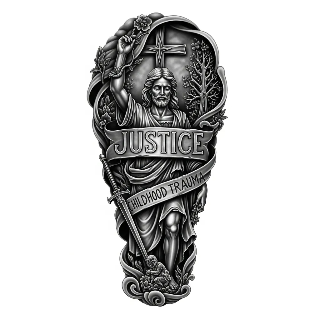 Justice Tattoo with Faith, Nature, and Childhood Trauma in Realism Style