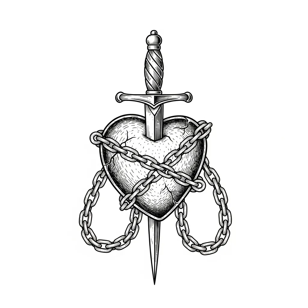 Gothic Heart and Dagger Tattoo with Chains