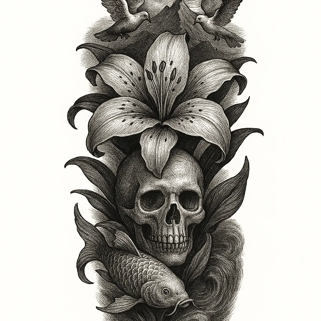 Lily Flower Sleeve Tattoo with Skull, Koi Fish, Mountains, and Doves in Illustrative Style