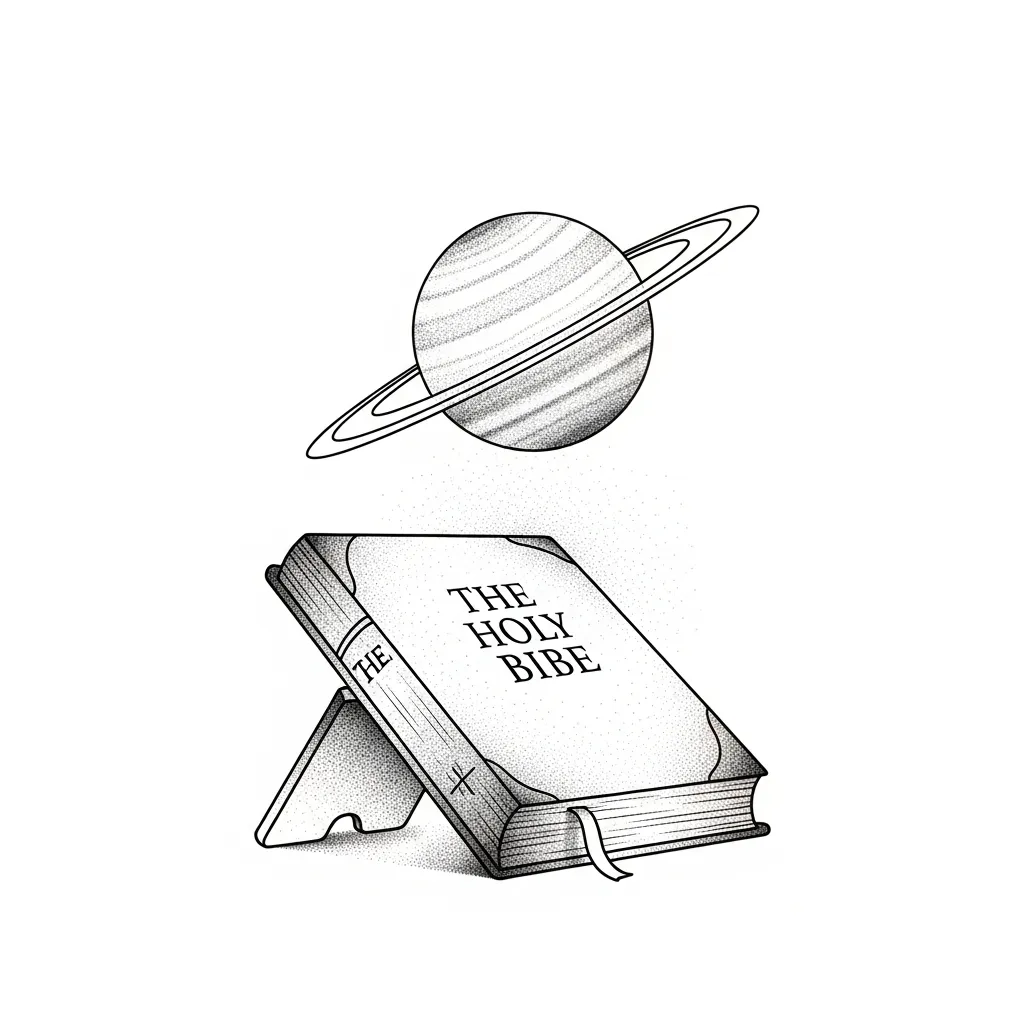 Fine Line Tattoo of The Holy Bible with Saturn in Space Background