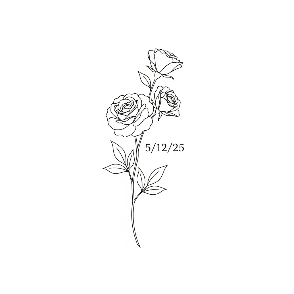 Minimalist Embyr Rose Flowers Tattoo with Date 5/12/25