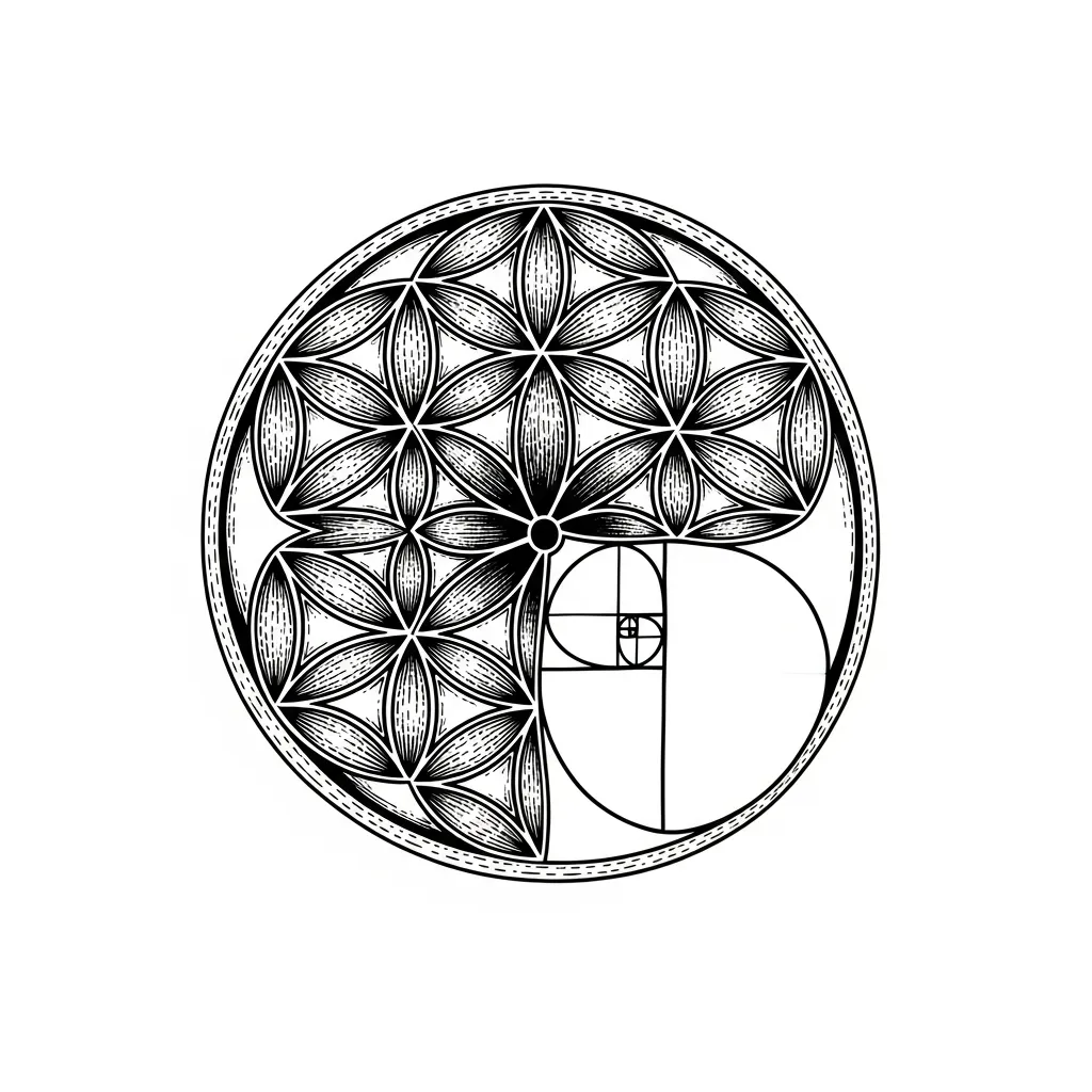 Seed of Life and Fibonacci Spiral Blackwork Tattoo