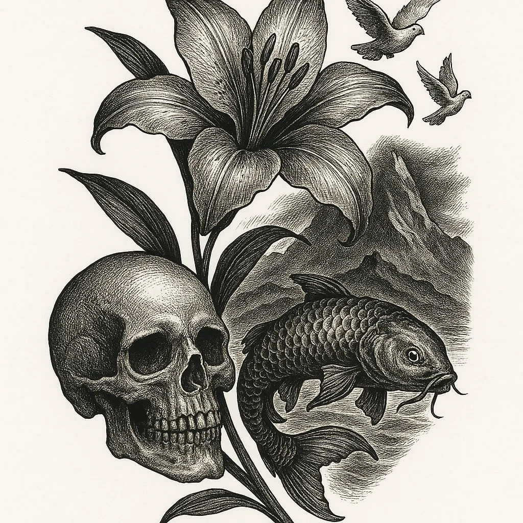 Illustrative Lily Flower Tattoo with Skull, Koi Fish, Mountains and Doves