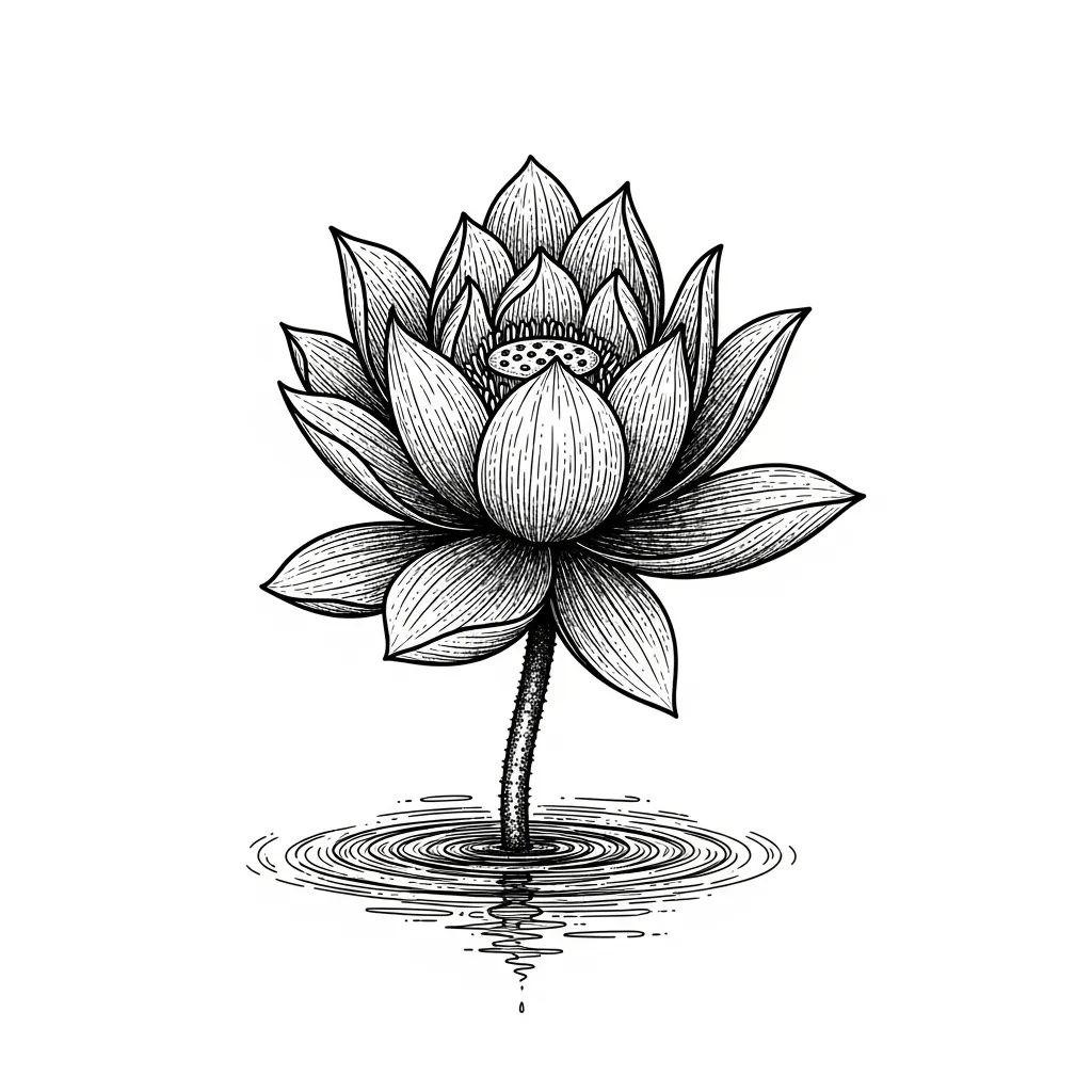 Manly colorful lotus flower growing from muddy waters in illustrative tattoo style
