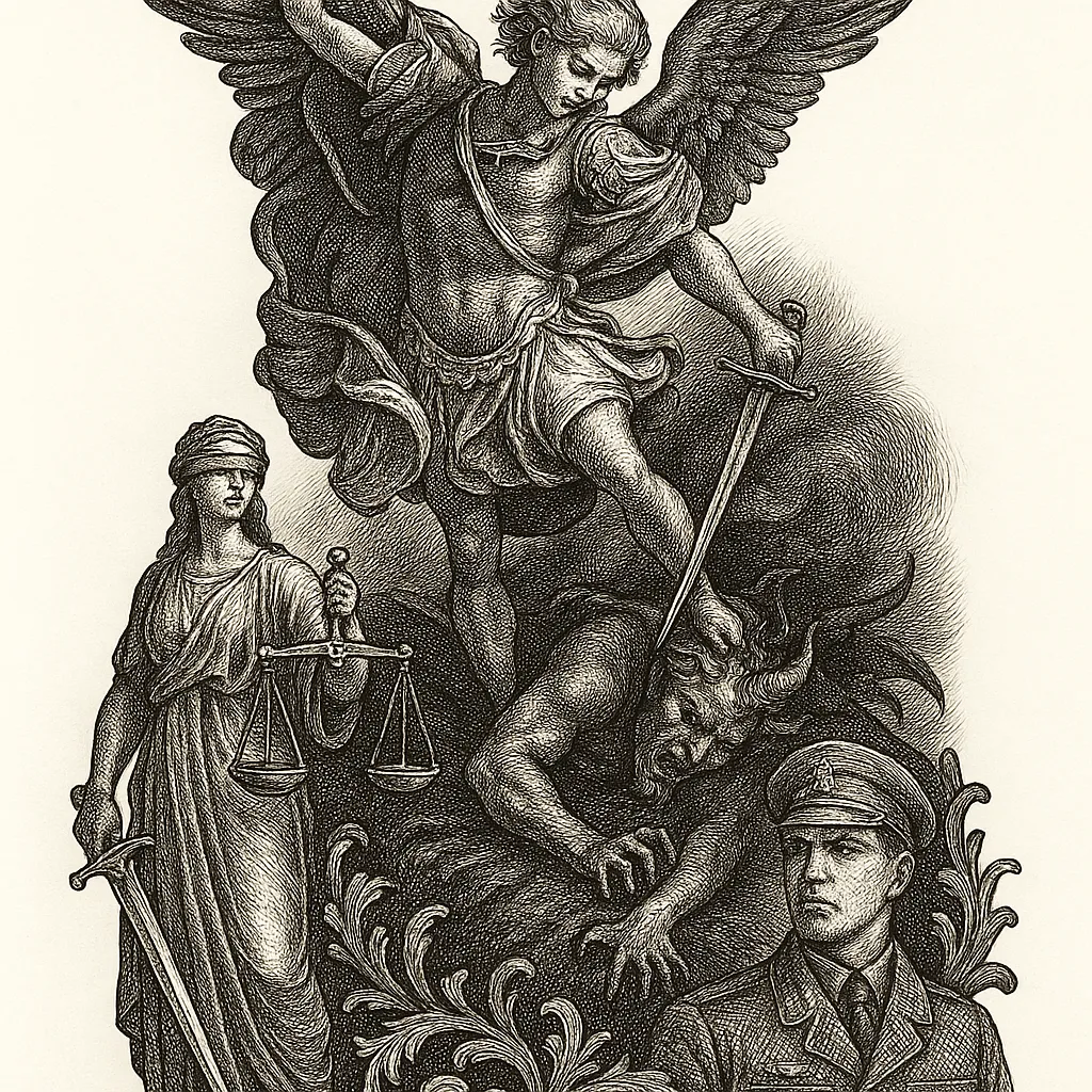 Full Sleeve Illustrative Tattoo with Saint Michael Archangel and Symbolic Elements