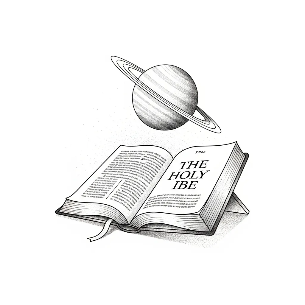 Fine Line Tattoo of The Holy Bible with Saturn in the Background
